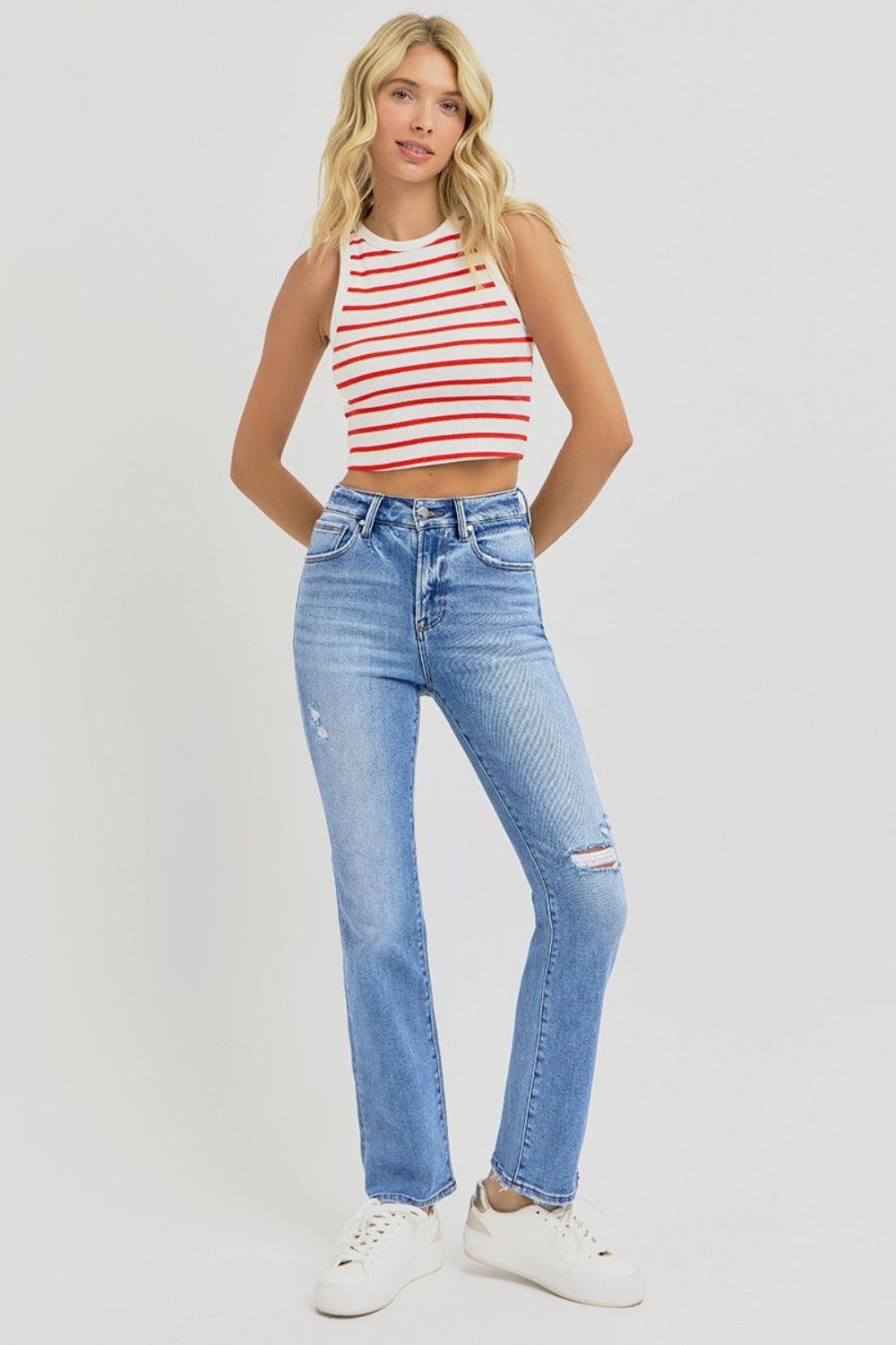 Full Size Distressed High-Rise Ankle Straight Jeans - Znvia