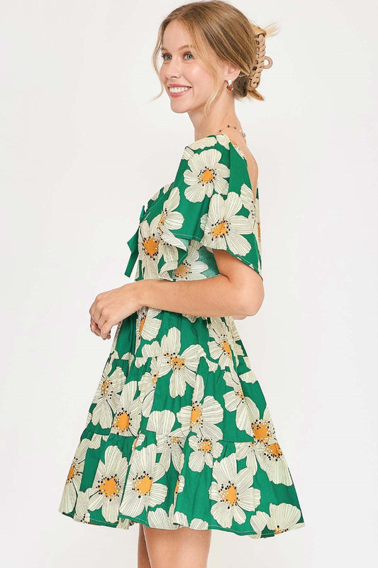 Full Size Daisy Print Mini Dress with Ribbon Details - Znvia