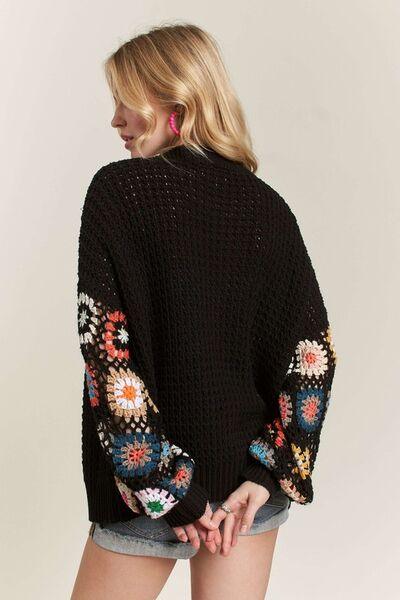 Full Size Contrast Crochet Open Front Long Sleeve Cardigan Plus Size - Znvia