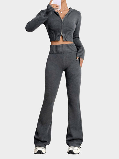 Zip Up Hooded Top and Flare Pants Sweater Set - Znvia