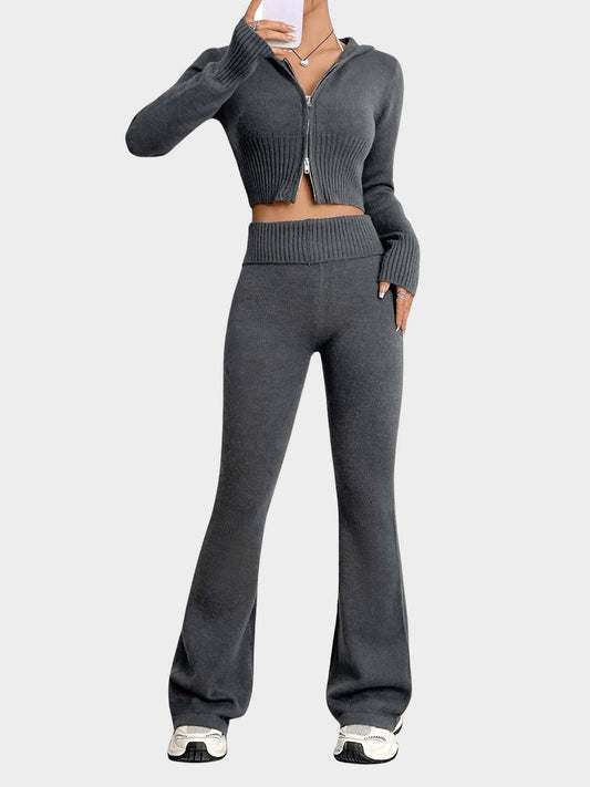 Zip Up Hooded Top and Flare Pants Sweater Set - Znvia