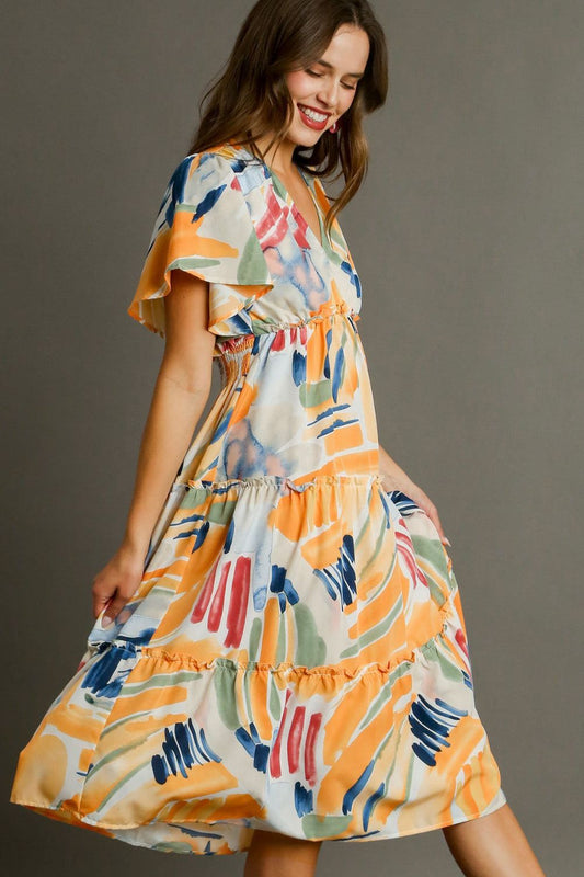 Full Size Abstract Print Flutter Sleeve Frill Tiered Midi Dress – Plus Size - Znvia