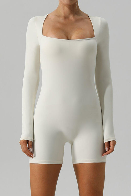 Square Neck Long Sleeve Active Romper - Znvia