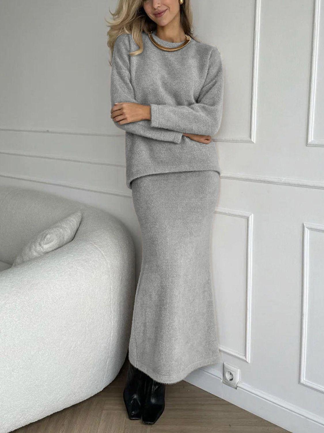Round Neck Dropped Shoulder Top and Midi Skirt Sweater Set - Znvia