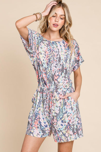Printed Short Sleeve Drawstring Romper - Znvia