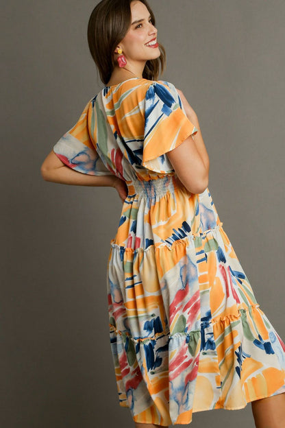 Full Size Abstract Print Flutter Sleeve Frill Tiered Midi Dress – Plus Size - Znvia