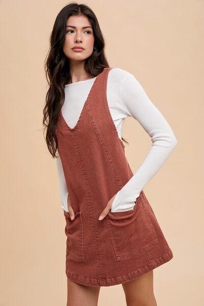 V-Neck Adjustable Strap Denim Overall Dress with Pockets - Znvia