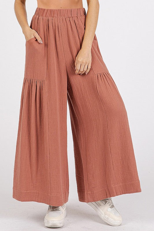 Gauze Elastic Waist Pleated Wide Leg Pants - Znvia