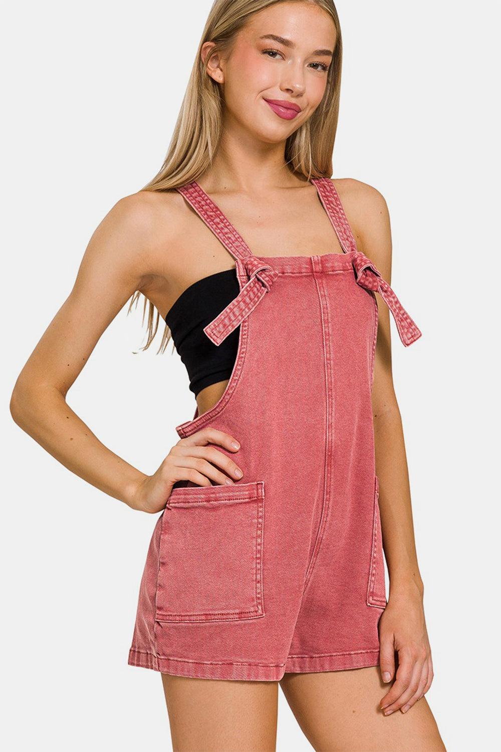 Washed Knot Strap Rompers - Znvia