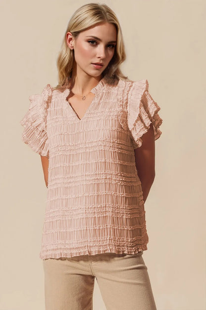 Full Size Frill Notched Flounce Sleeve Blouse - Znvia