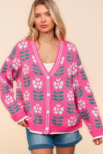 Full Size Floral Jacquard V-Neck Button Up Cardigan - Znvia
