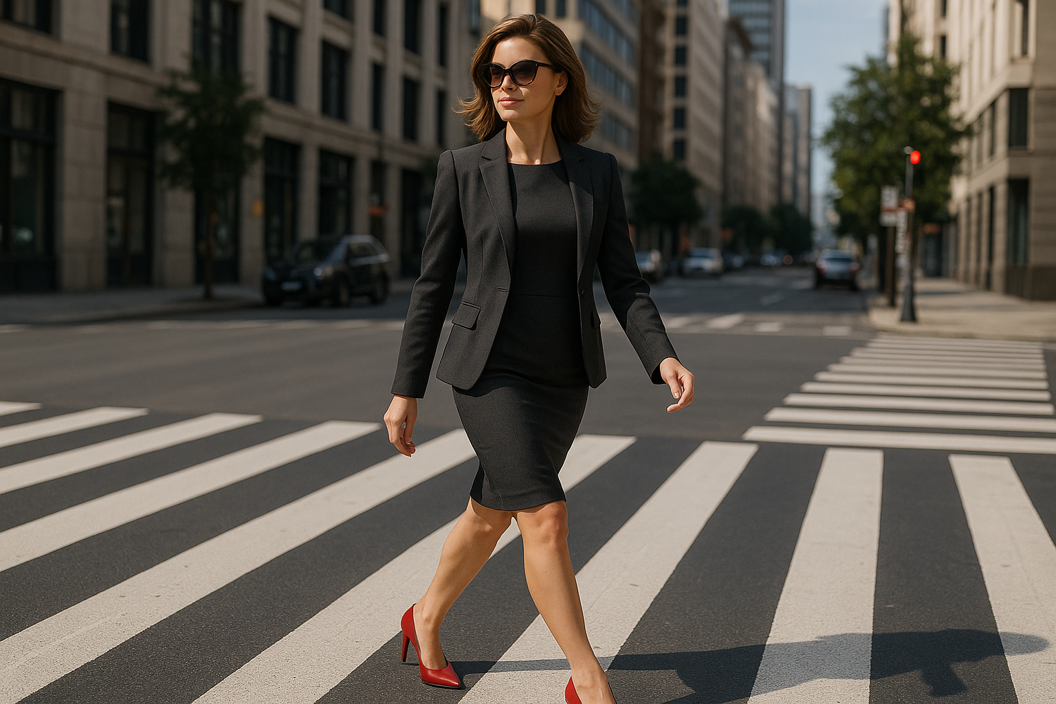 create a office dress wearing lady with red hill and smart wear with sunglass walking on zebra street