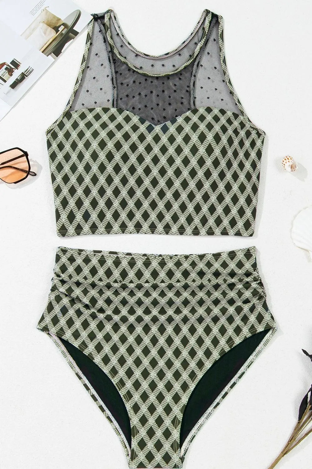 Dotted Mesh Plaid Patchwork High Waisted Swim Set - Znvia