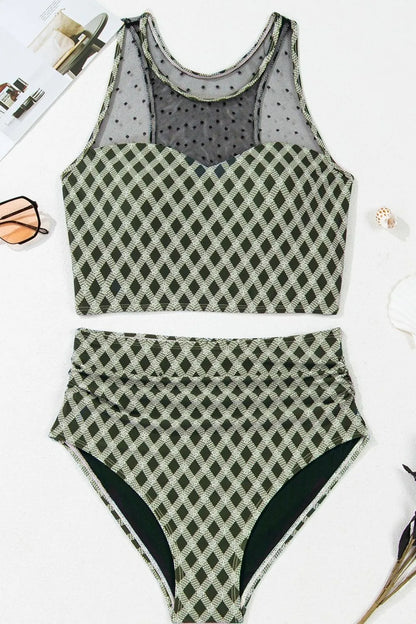 Dotted Mesh Plaid Patchwork High Waisted Swim Set - Znvia