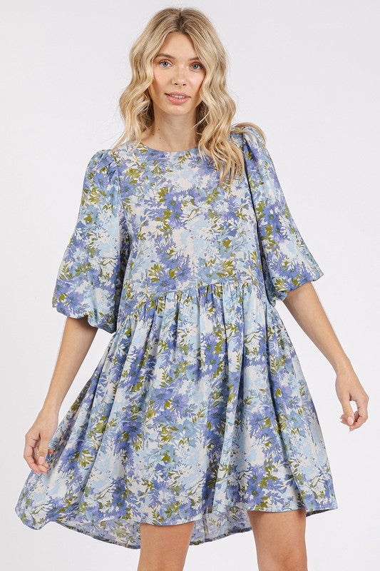 Flower Print Linen Blend Babydoll Mini Dress - Znvia