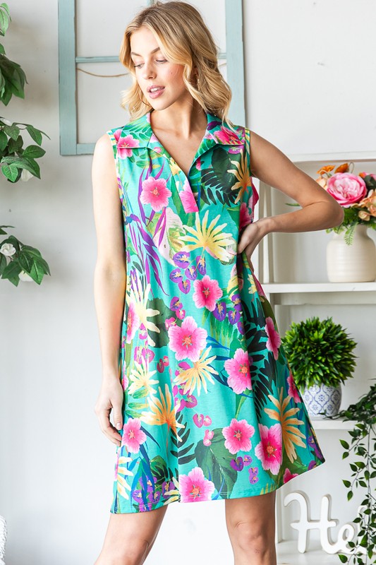 Full Size Floral Johnny Collar Sleeveless Dress Plus Size - Znvia