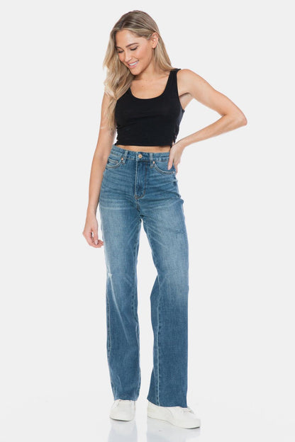 Blue Full Size Tummy Control Cut Raw Hem Straight Jeans – Chic Style Meets All-Day Comfort - Znvia