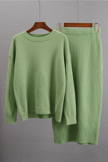 Round Neck Dropped Shoulder Top and Skirt Sweater Set – Effortless Chic for the Modern Woman - Znvia