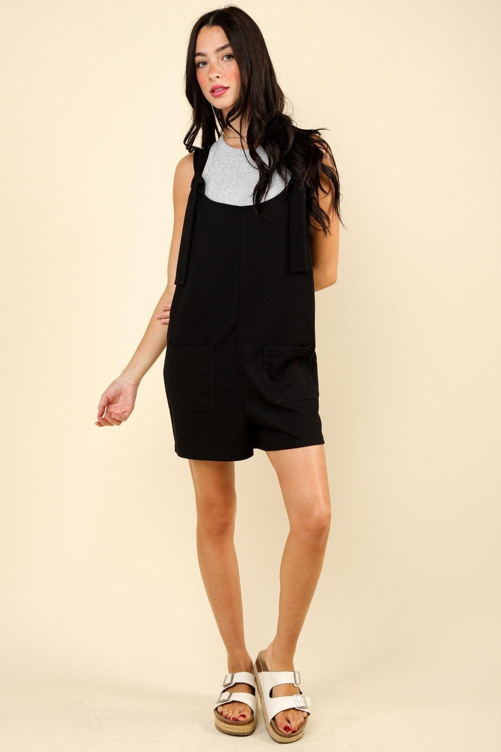 Tie Shoulder Front Pocket Romper - Znvia