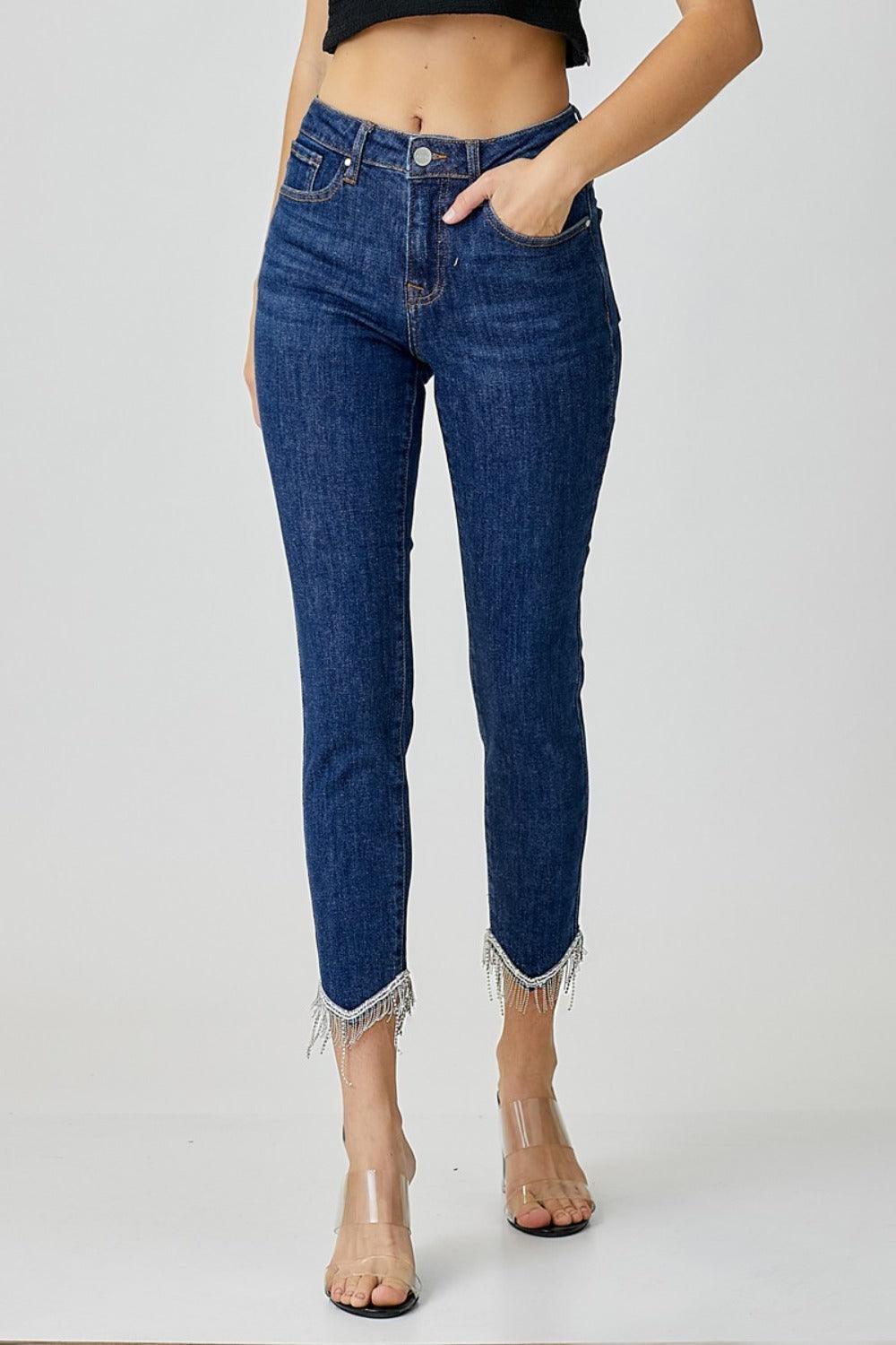 Full Size Embellished Mid Rise Crop Skinny Jeans – Sparkle, Style, and Confidence! - Znvia