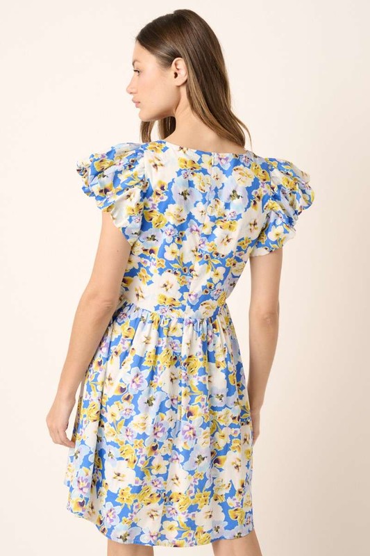Floral V-Neck Cap Sleeve Mini Dress - Znvia