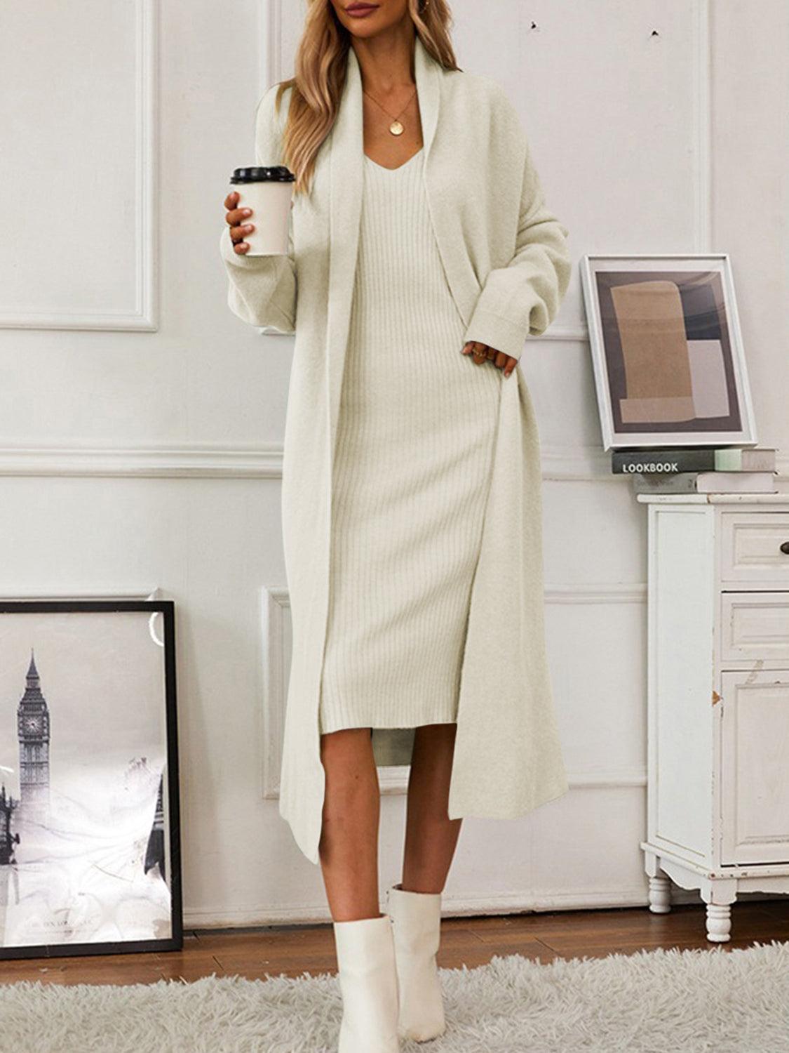 V-Neck Cami Dress and Open Front Cardigan Sweater Set – Effortless Elegance, Everyday Comfort - Znvia