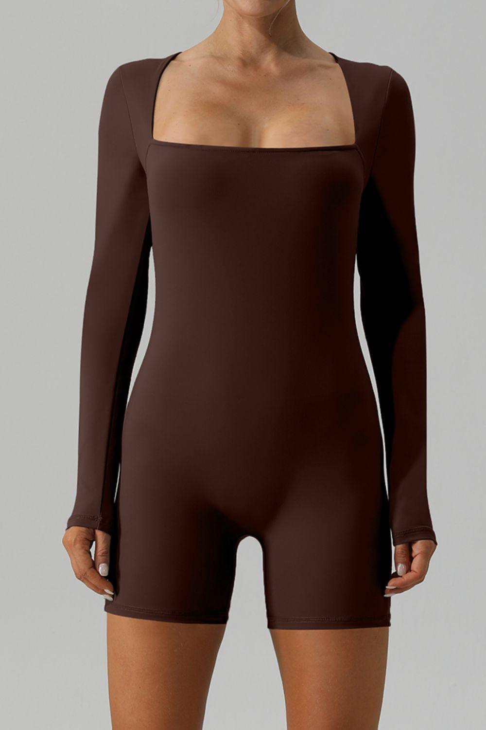 Square Neck Long Sleeve Active Romper - Znvia