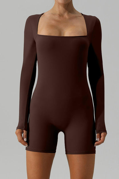 Square Neck Long Sleeve Active Romper - Znvia