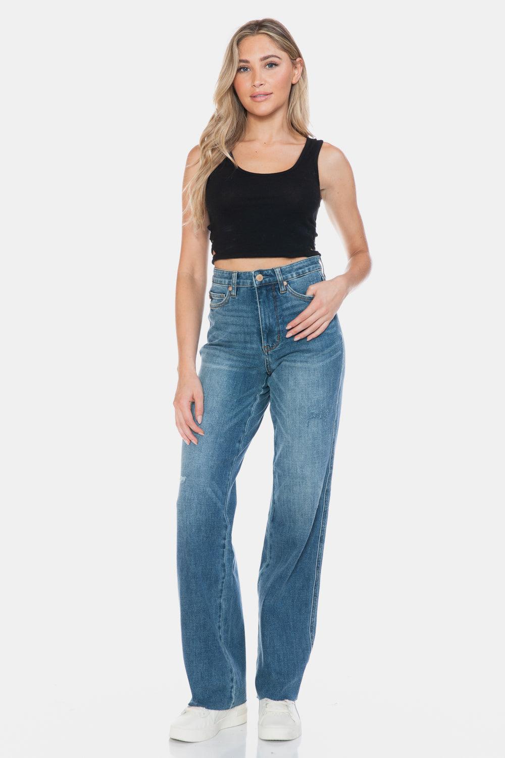 Blue Full Size Tummy Control Cut Raw Hem Straight Jeans – Chic Style Meets All-Day Comfort - Znvia