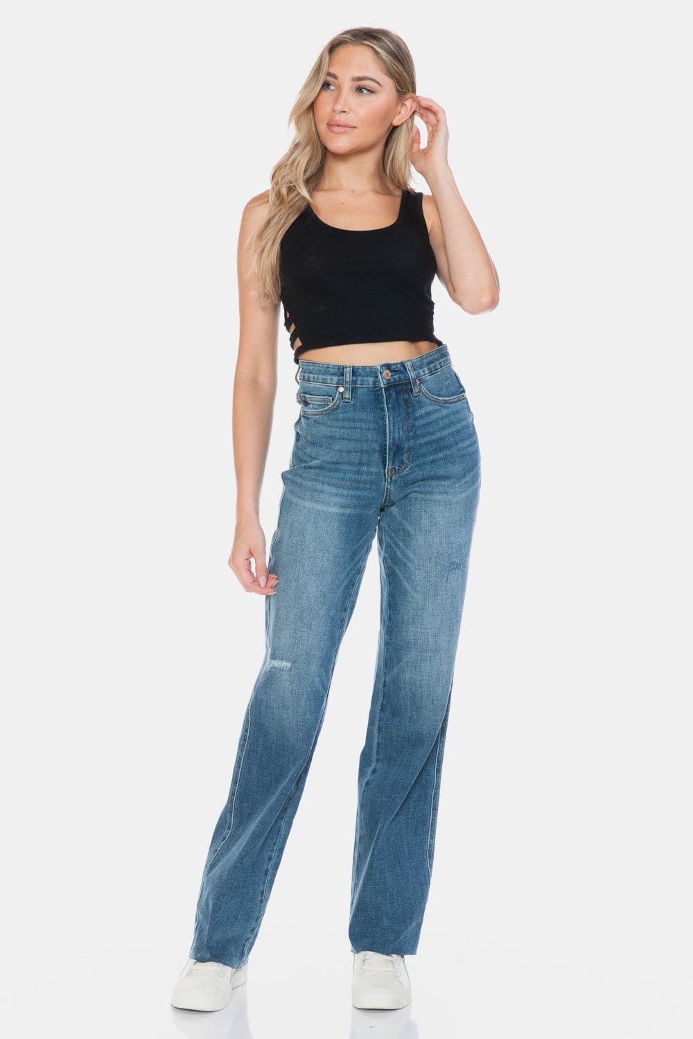 Blue Full Size Tummy Control Cut Raw Hem Straight Jeans – Chic Style Meets All-Day Comfort - Znvia