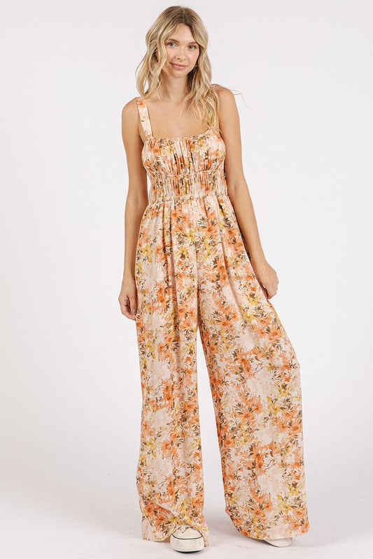 Flower Print Gathered Bust Sleeveless Jumpsuit - Znvia