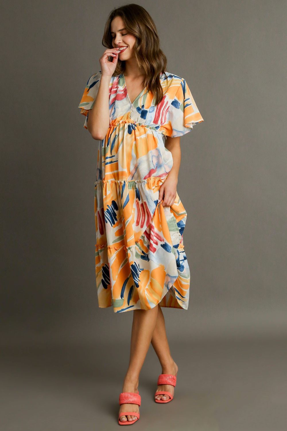 Full Size Abstract Print Flutter Sleeve Frill Tiered Midi Dress – Plus Size - Znvia