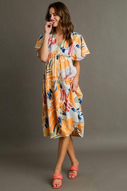 Full Size Abstract Print Flutter Sleeve Frill Tiered Midi Dress – Plus Size - Znvia