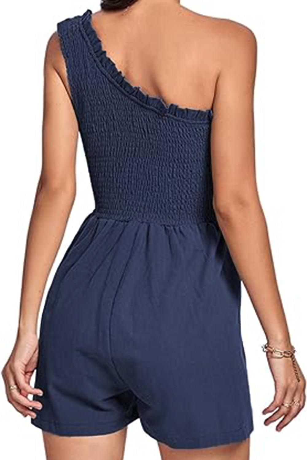 Smocked Single Shoulder Romper - Znvia