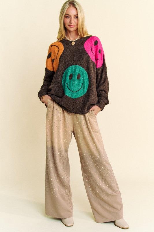 Contrast Smile Round Neck Oversize Sweater - Znvia