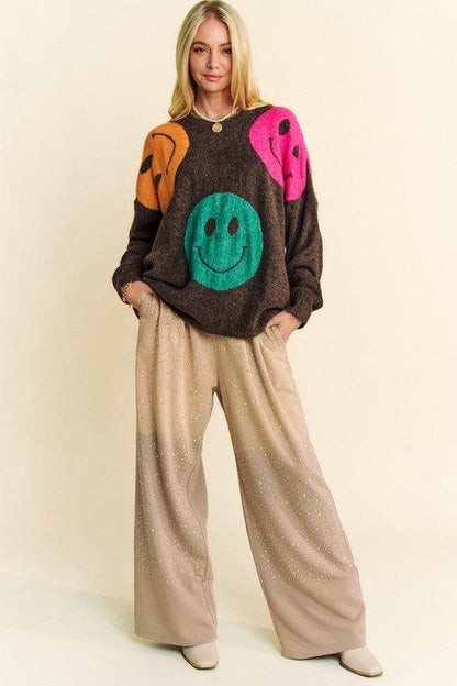 Contrast Smile Round Neck Oversize Sweater - Znvia