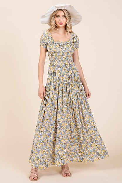 Flower Print Puff Sleeve Gathered Maxi Dress - Znvia