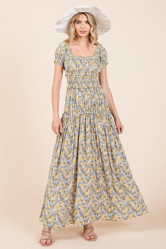 Flower Print Puff Sleeve Gathered Maxi Dress - Znvia