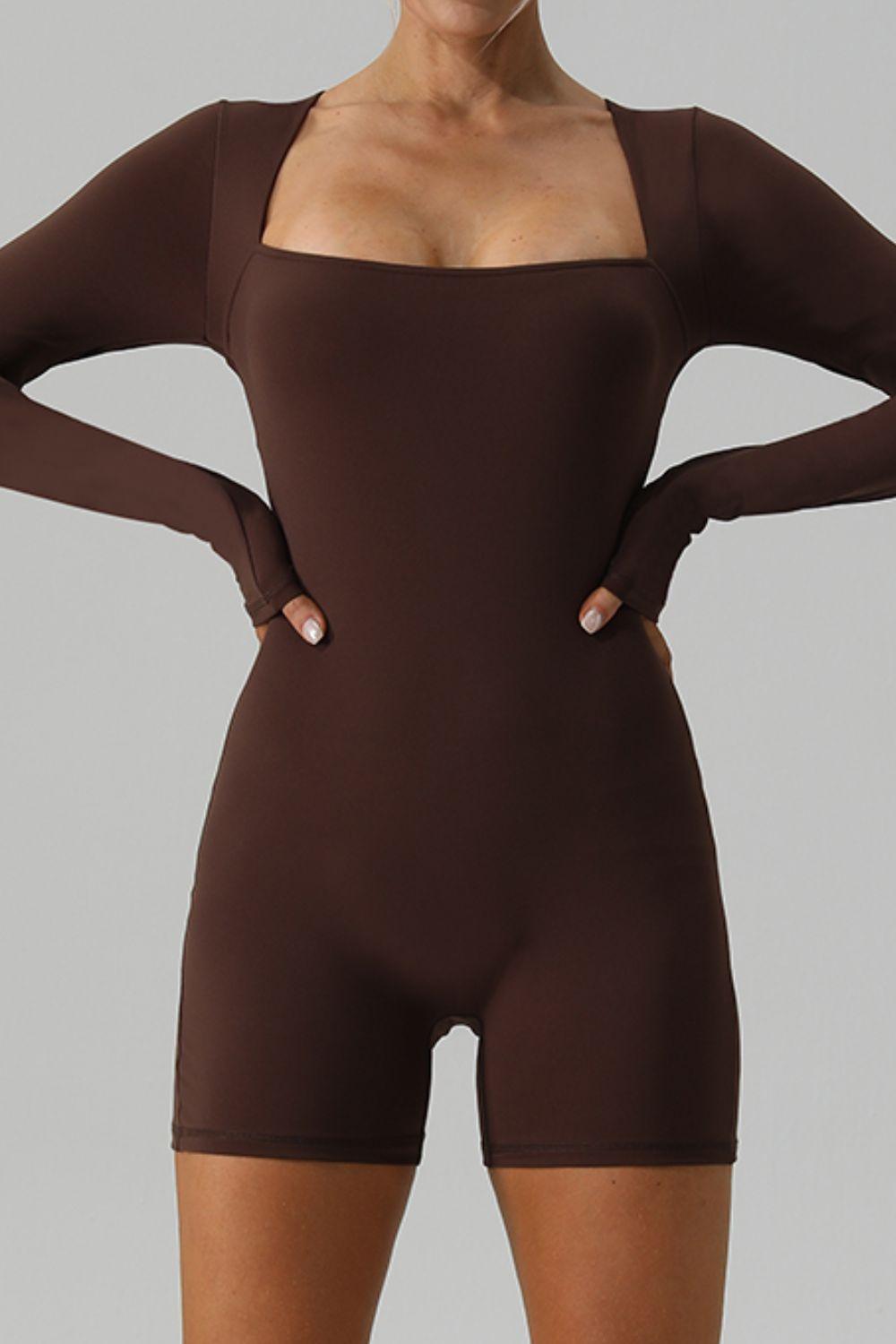 Square Neck Long Sleeve Active Romper - Znvia
