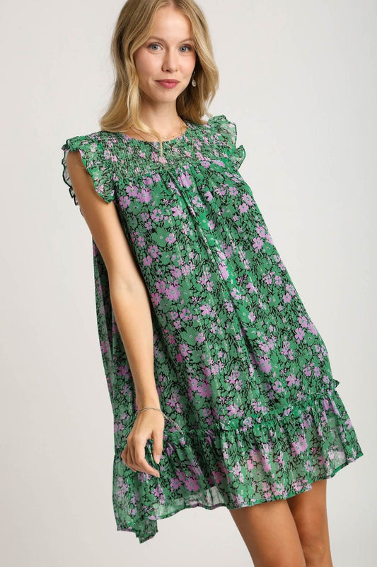 Full Size Smocked Detail Floral Metallic Ruffle Cap Sleeve Dress – Plus Size - Znvia
