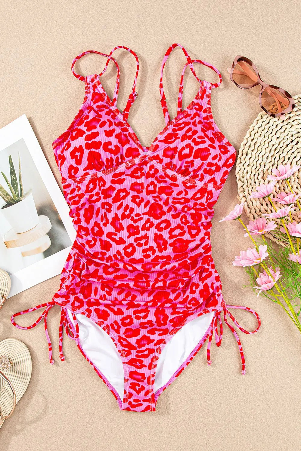 Leopard Cutout Ribbed Side Drawstring One-Piece Swimsuit for Stylish Comfort - Znvia