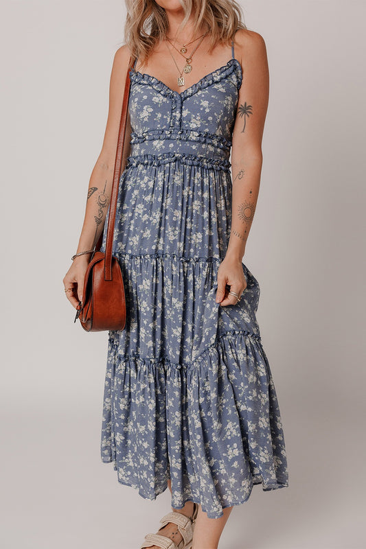 Floral Spaghetti Strap Frilled V-Neck Tiered Midi Dress - Znvia