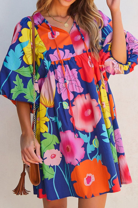 Floral Print Tie Neck Babydoll Dress - Znvia