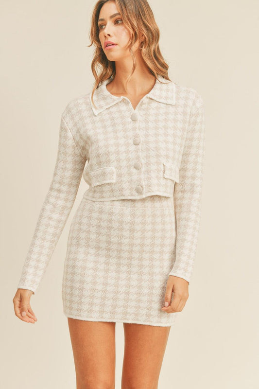 Houndstooth Cropped Knit Cardigan and Mini Skirt Set – Classic Elegance Meets Modern Chic - Znvia