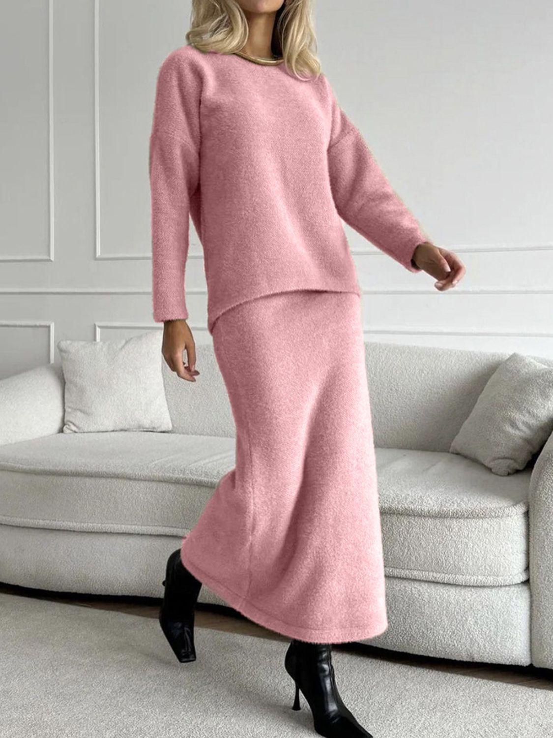 Round Neck Dropped Shoulder Top and Midi Skirt Sweater Set - Znvia