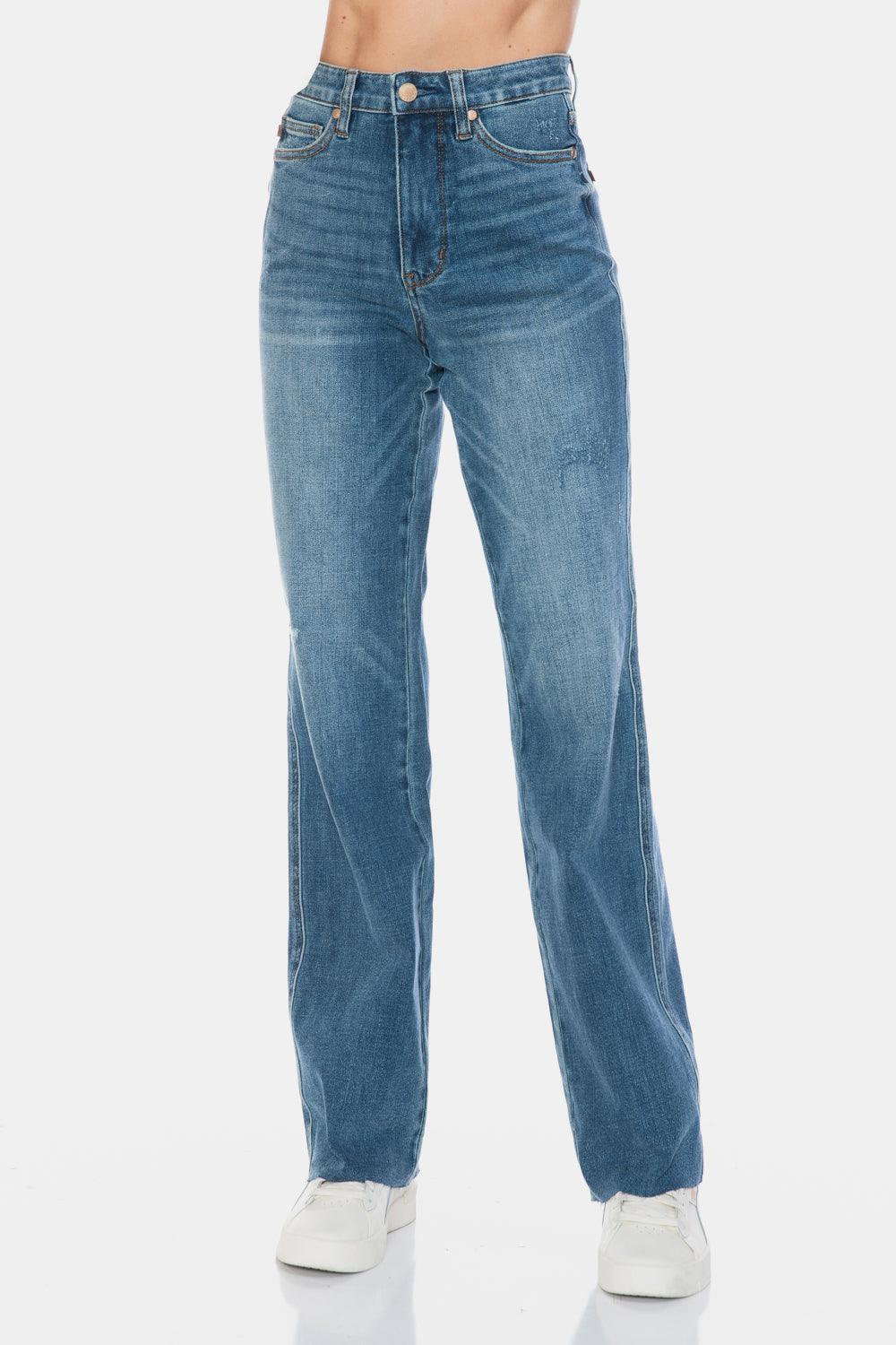 Blue Full Size Tummy Control Cut Raw Hem Straight Jeans – Chic Style Meets All-Day Comfort - Znvia