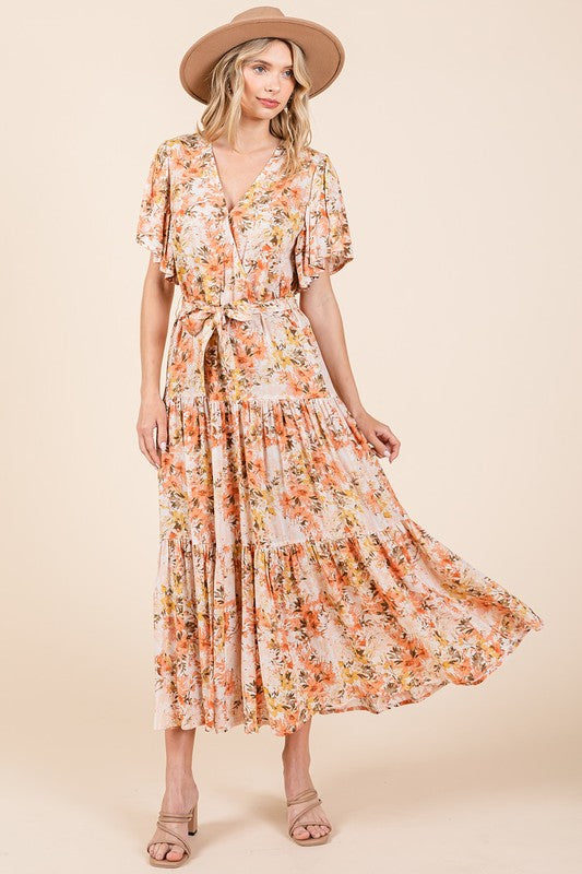 Floral Tie Waist Flutter Sleeve Tiered Dress - Znvia