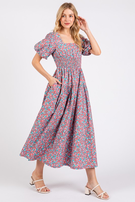 Smocked Floral Square Neck Puff Sleeve Midi Dress - Znvia