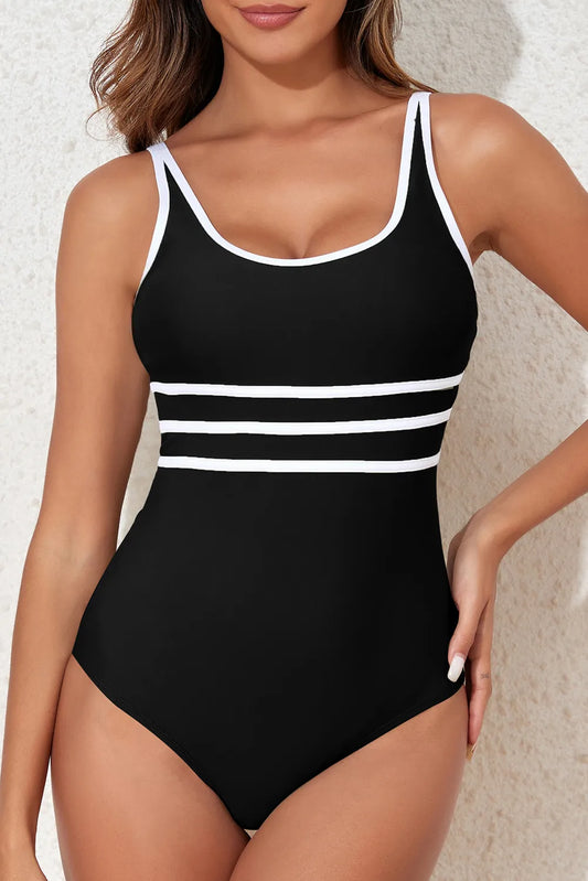 Stylish Contrast Trim Scoop Neck One-Piece Swimwear - Znvia