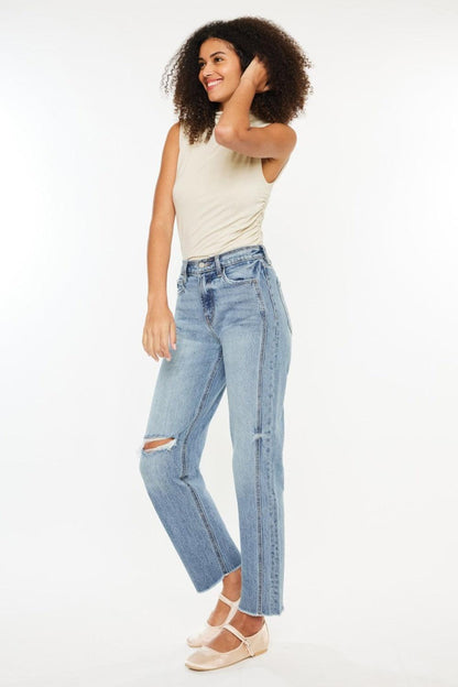 Ultra High Rise Distressed Straight Jeans - Medium Stone Wash - Znvia